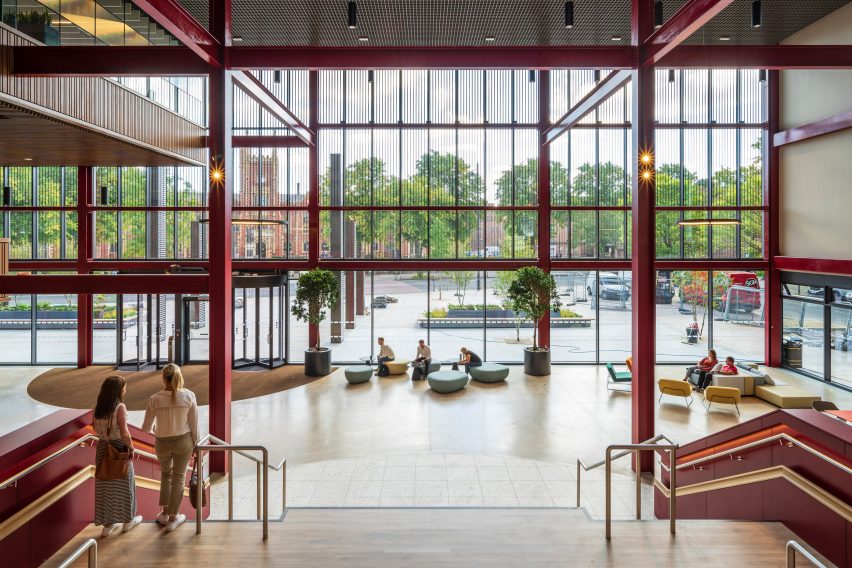 Interior of One Elmwood student hub at Queens University in Belfast by Hawkins\Brown and RPP Architects