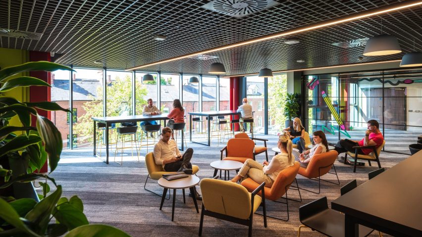 Interior of One Elmwood student hub at Queens University in Belfast by Hawkins\Brown and RPP Architects