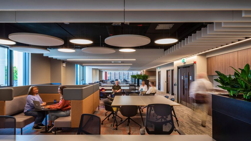 Interior of One Elmwood student hub at Queens University in Belfast by Hawkins\Brown and RPP Architects