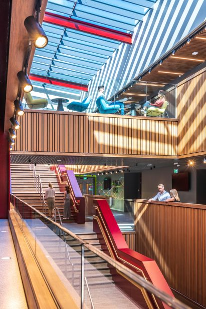 Wood-lined atrium of Belfast university building