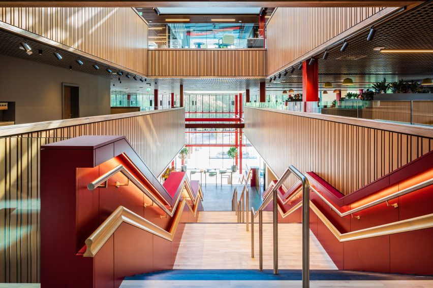 Interior of One Elmwood student hub at Queens University in Belfast by Hawkins\Brown and RPP Architects
