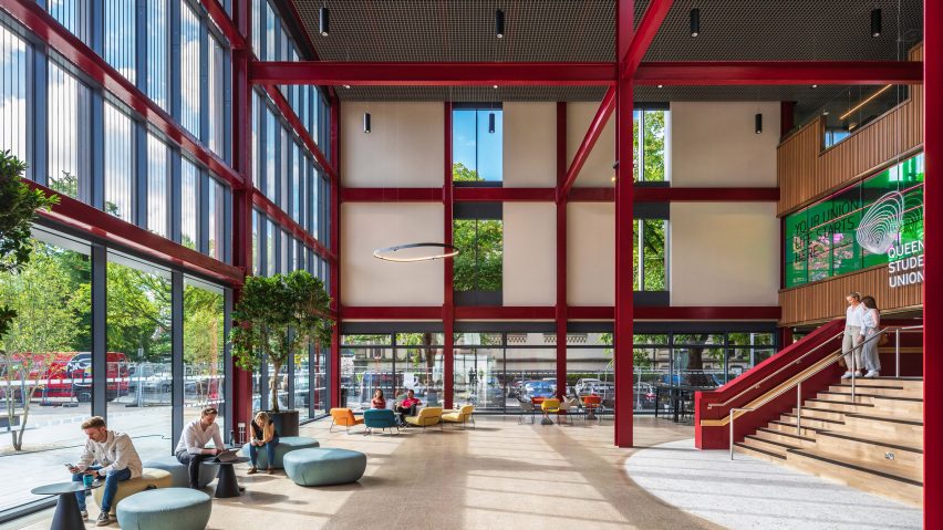 Interior of One Elmwood student hub at Queens University in Belfast by Hawkins\Brown and RPP Architects