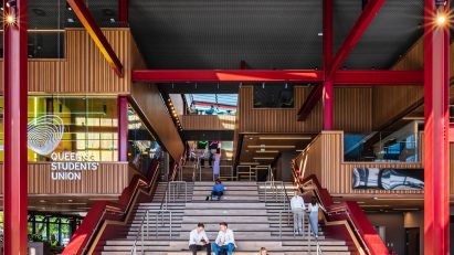Interior of One Elmwood student hub at Queens University in Belfast by Hawkins\Brown and RPP Architects