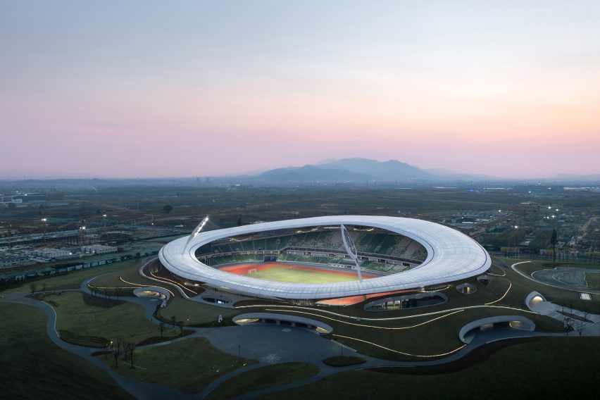 Exterior of concrete and steel Quzhou Stadium