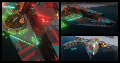 Visualisations of modern structures with glowing linear lights