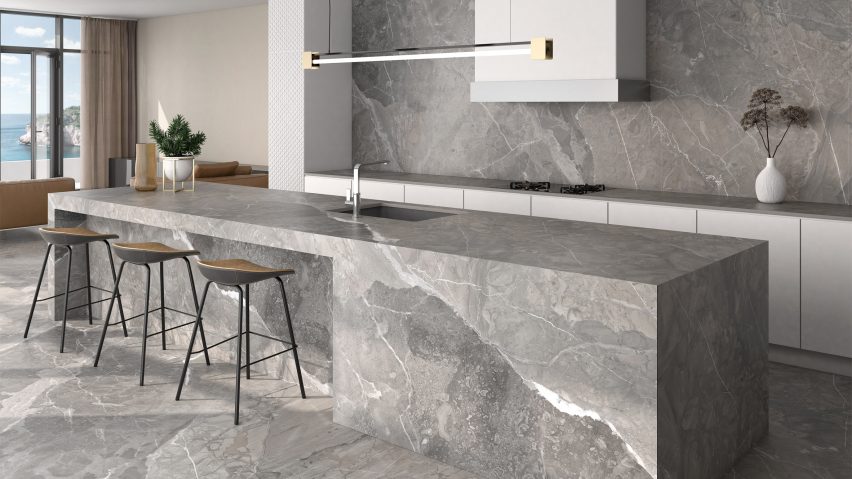 Kitchen with floor, backsplash and island clad in grey Rosa Persia tiles by Arklam