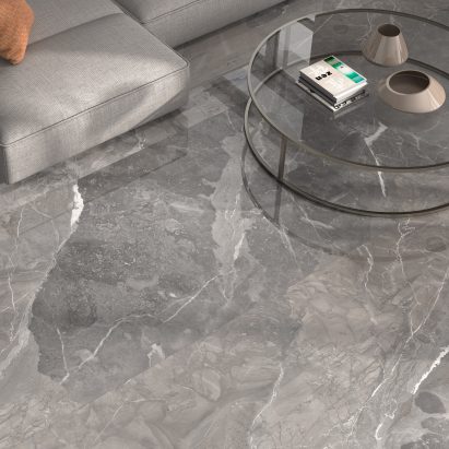 Floor with grey Rosa Persia tiles by Arklam
