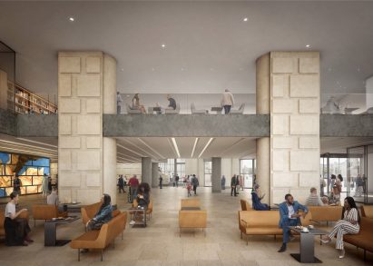 Sainsbury Wing interior with stone-clad pillars