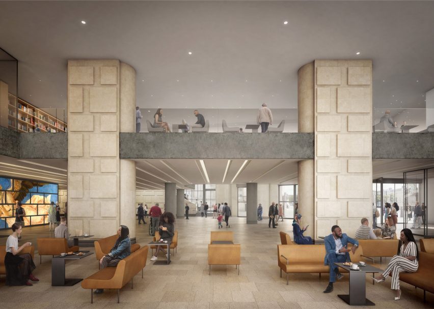 Sainsbury Wing interior with stone-clad pillars