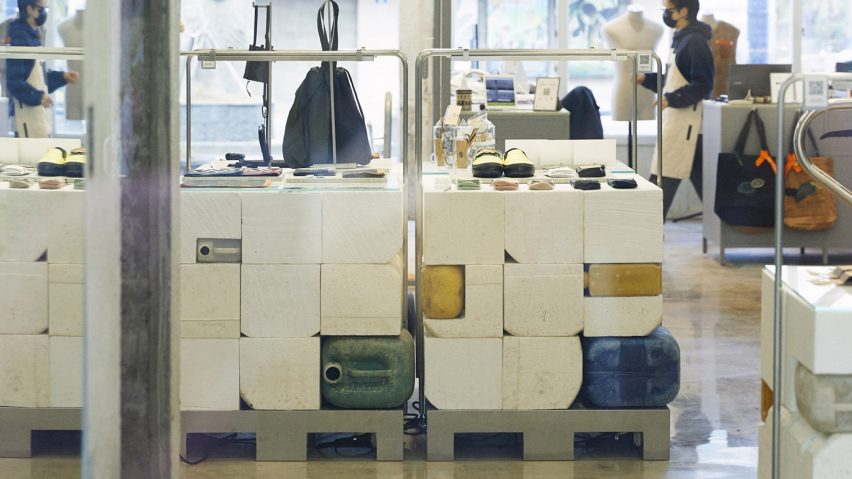 Image of sea waste display units at Kolon Sport store