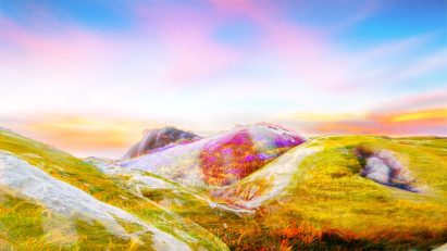 Render of a colourful hilly landscape with a glossy surface