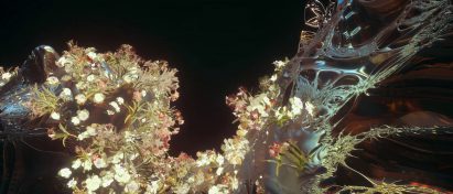 A fluid splashing shape on a black background with flowers on the surface by a SCI-Arc student