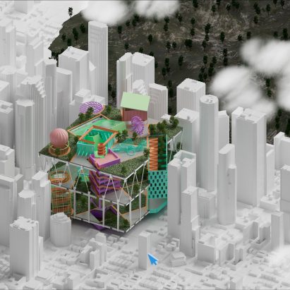 3D model of a colourful cube entertainment building set in a white city model