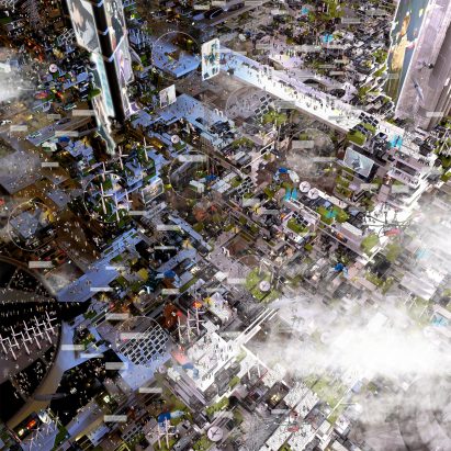 Perspective aerial view of a busy industrious futuristic city