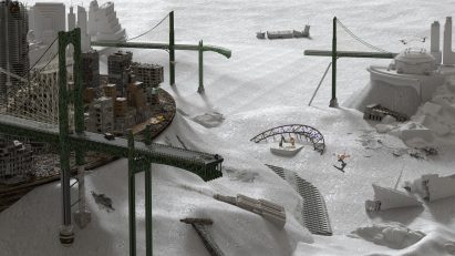 Render of two broken bridges connecting two sides of a city