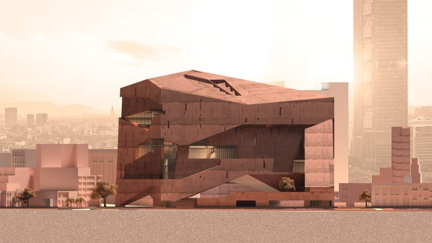 Red-toned elevation drawing of a geometric building in a city