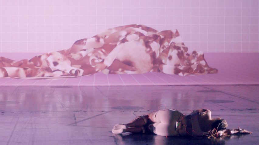 Pink-toned digital image of a person lying down
