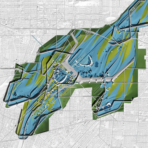 Colourful blue and green design intervention overlayed onto a black and white city map by SCI-Arc student