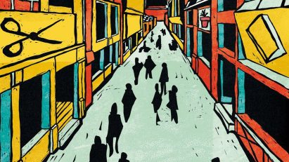 Colourful illustration of a commercial street with people walking