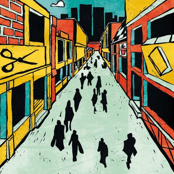 Colourful illustration of a commercial street with people walking
