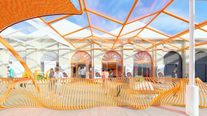 Render of an orange glazed building extension