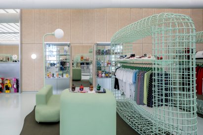 Sea foam green cages in BBC store Miami