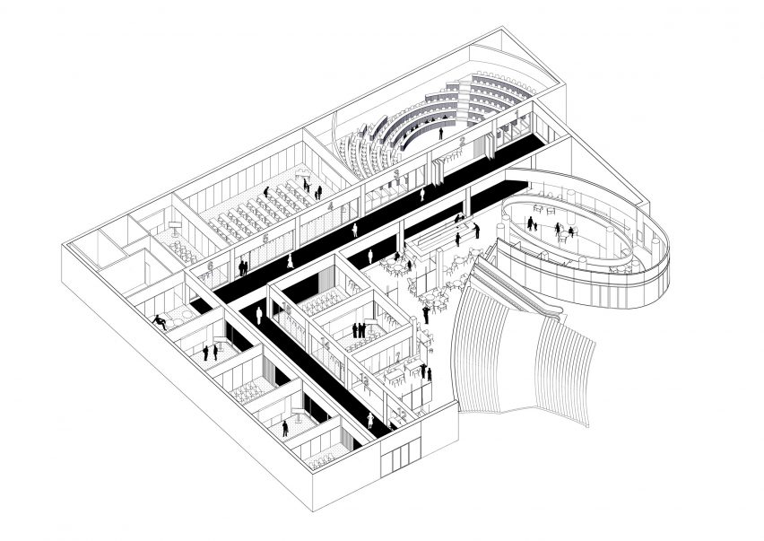 Axonometric drawing of Superimpose Architecture's creates subterranean conference centre