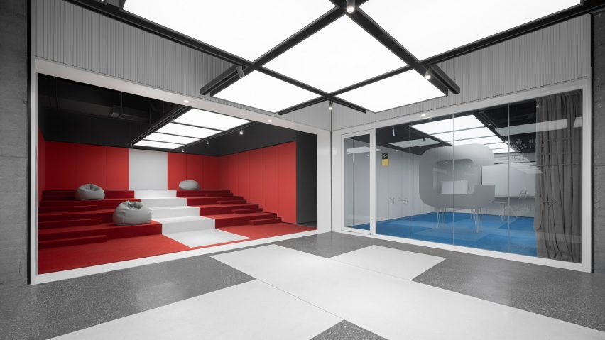 Two spaces occupy a corner of the L-shaped corridor at The Arcade