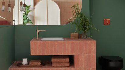 A red brick sink in a green bathroom