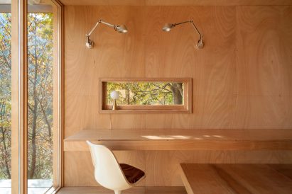 Plywood-lined interior of The Hermitage cabin