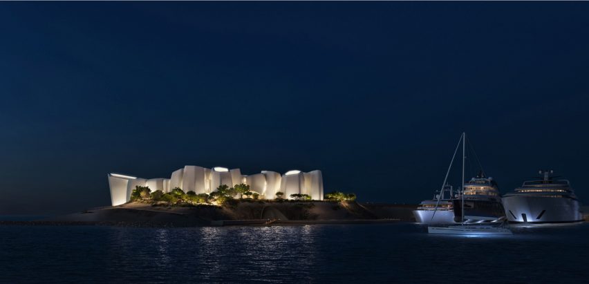 Night time view of white concrete building in Saudi Arabia