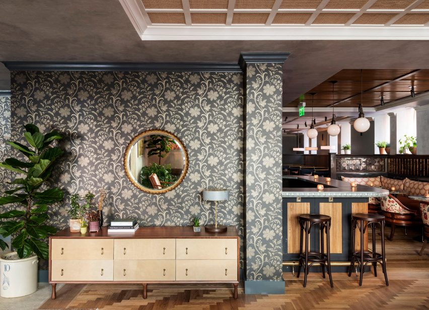 Patterned wallpaper in the lobby