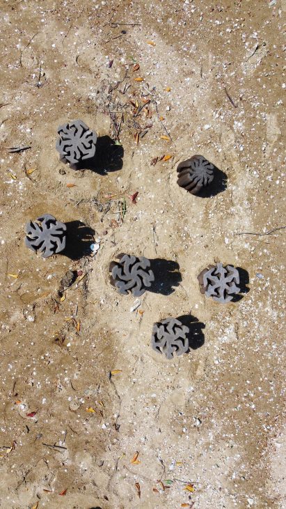 Aerial view of series of 3D-printed stools