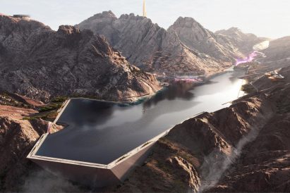 Man-made late at Trojena skiiing resort in Neom, Saudi Arabia