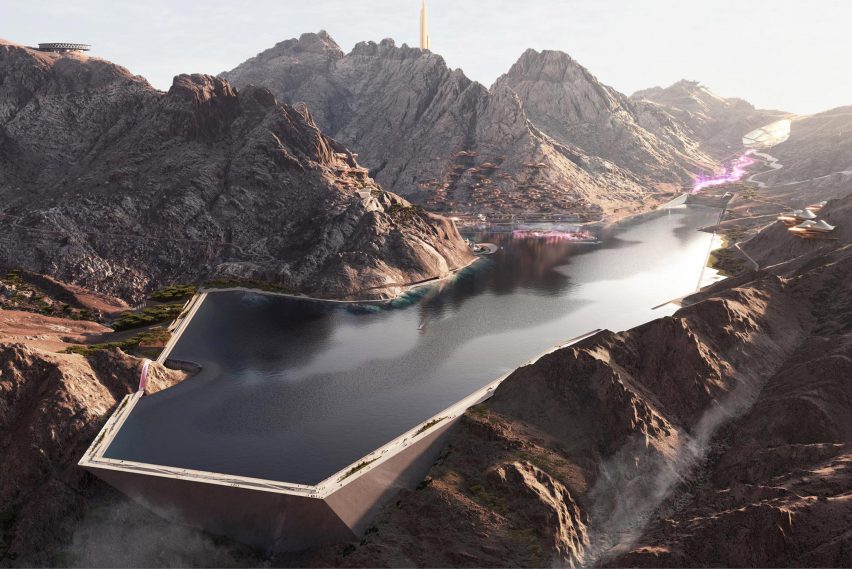 Man-made late at Trojena skiiing resort in Neom, Saudi Arabia