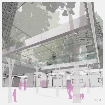 Perspective drawing of a courtyard space with trees and pink silhouette people