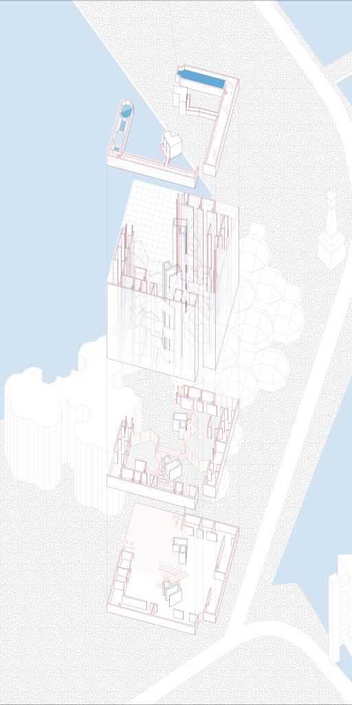 Exploded axonometric drawing in white, grey, pink and blue