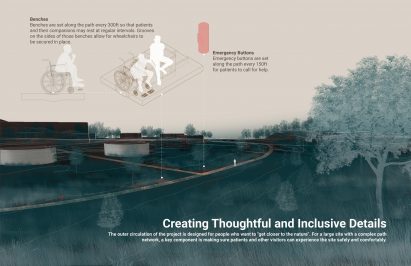 Annotated landscape drawing with a bench design