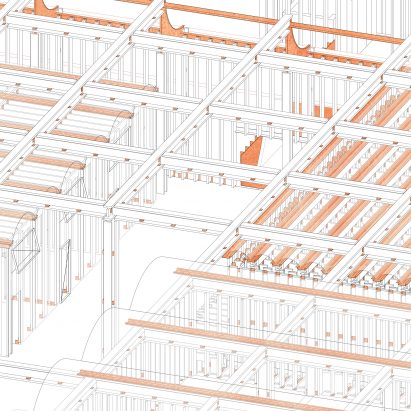 Isometric line drawing and a warehouse-like building structure with orange highlights