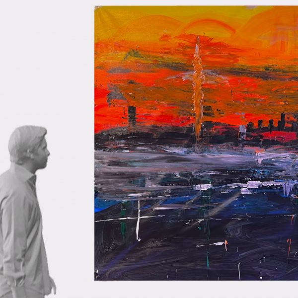 Grey figure model of a person looking at a sunset painting