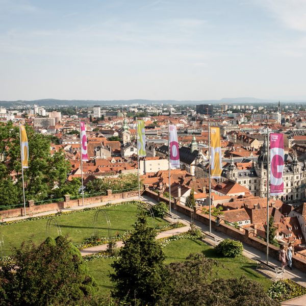Image of flags on a hill in Graz, Austria