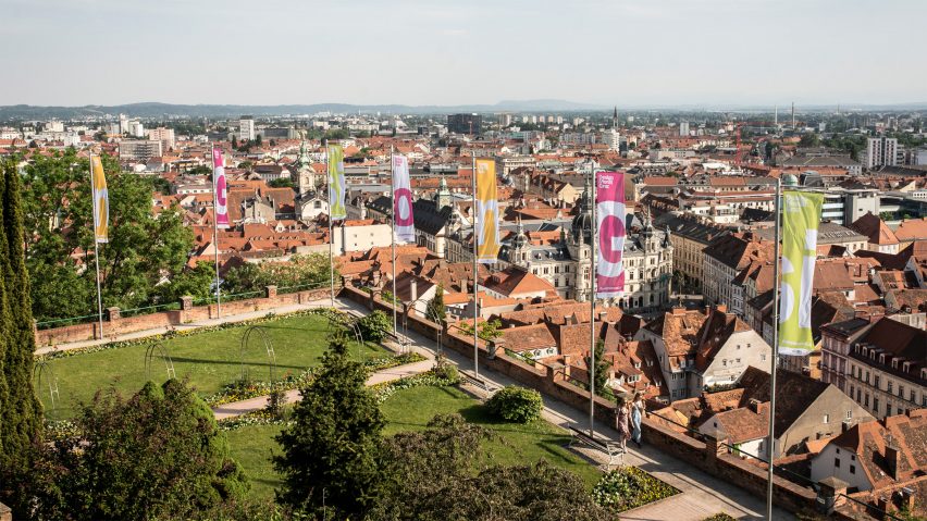 Image of flags on a hill in Graz, Austria