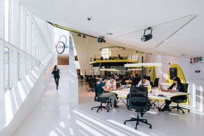 A photograph of a group work space at IE University