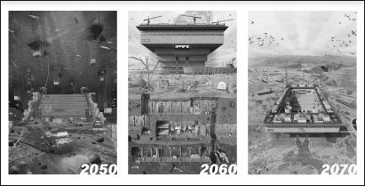 Grey and black images depicting conceptual project of renewable coal mines