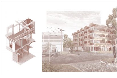A render of a hub for the manufacturing of masonry construction products