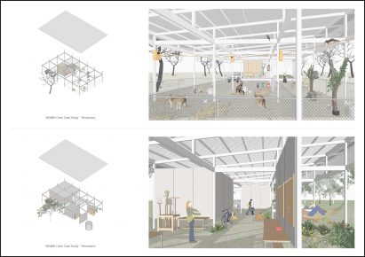 Digital illustrations of a temporary post disaster shelter transformed into permanent housing