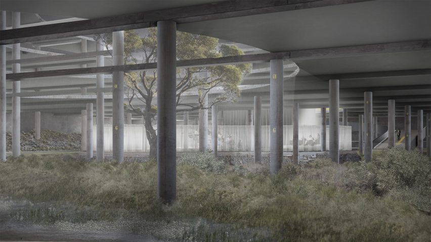 Building with cutout roof held up by pillars