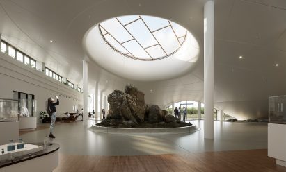 Render of Unism's factory of the future featuring visitor centre with sculpture in the centre