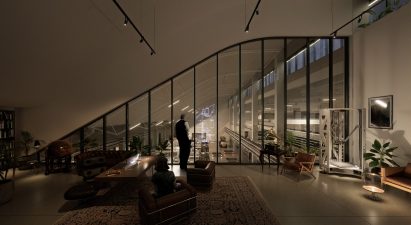 Render of Unism's factory of the future featuring a subterranean factory floor