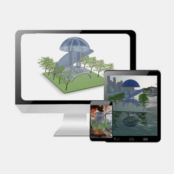Desktop screen, tablet and mobile device displaying student architecture projects